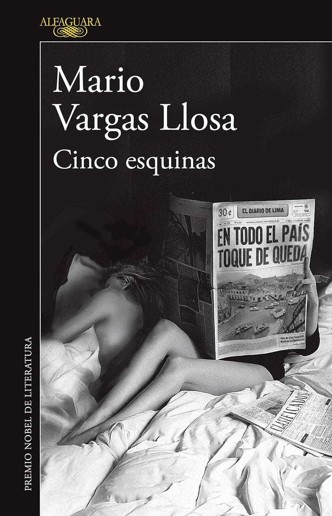 Portada de libro de Mario Vargas Llosa, Cinco esquinas, con figura femenina y tipografía.