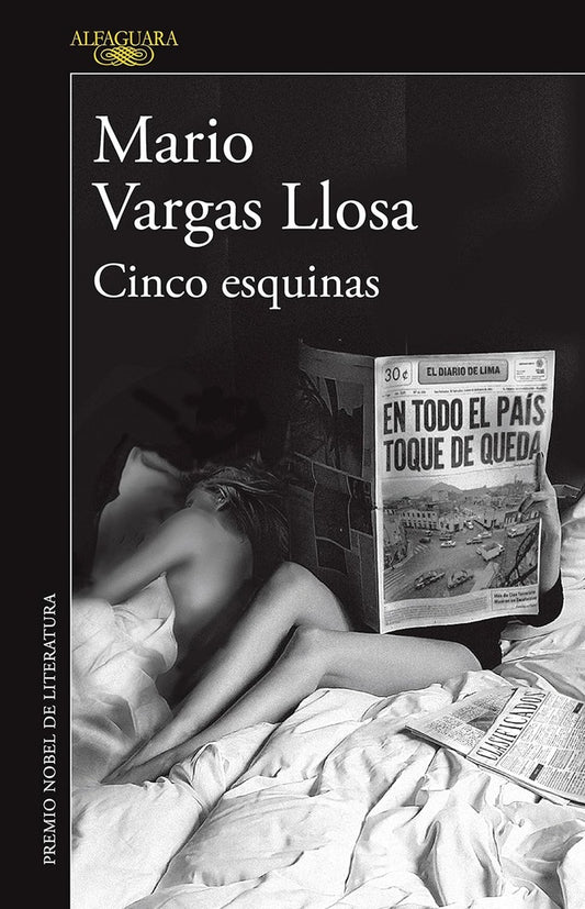 Portada de libro de Mario Vargas Llosa, Cinco esquinas, con figura femenina y tipografía.