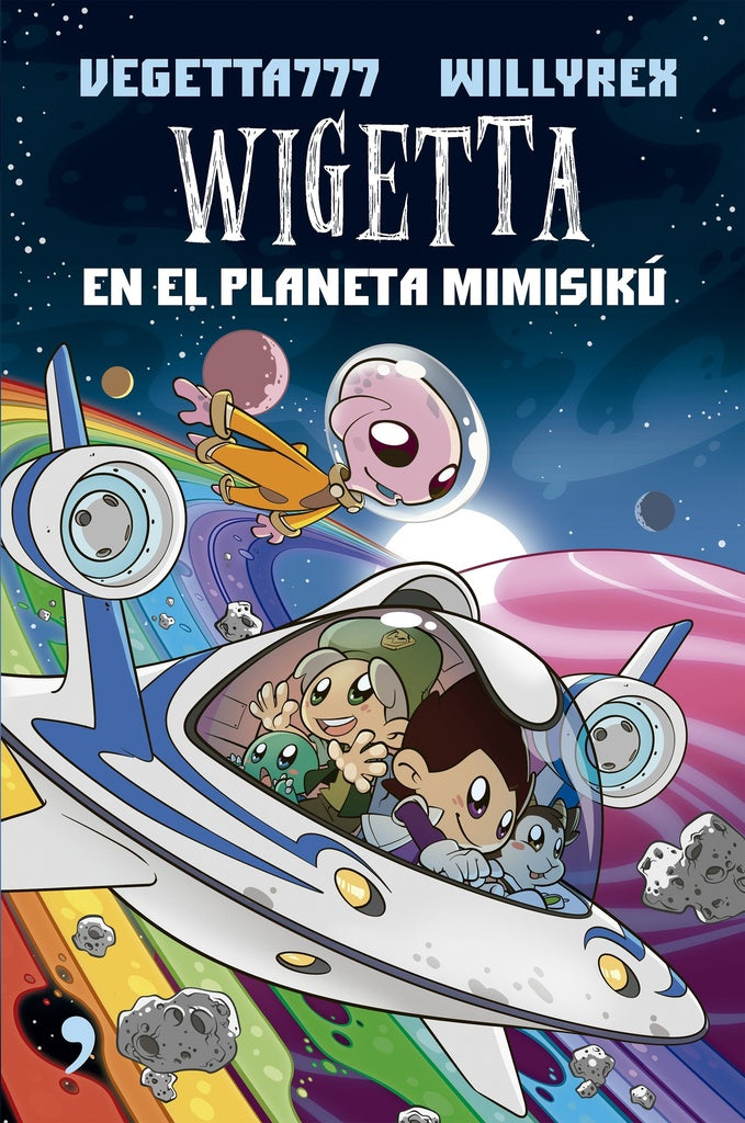 Lámina ilustrada estilo caricatura con personaje espacial y nave futurista