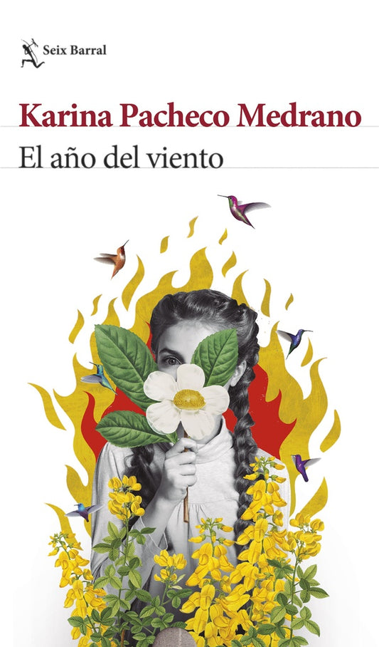 Portada del libro El año del viento, con retrato femenino y flores amarillas y verdes