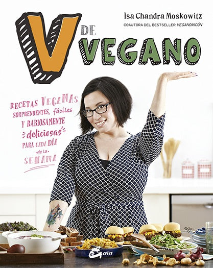 Libro V DE VEGANO de Isa Chandra Moskowitz, portada con mujer y texto verde