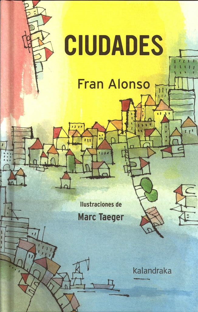 Libro CIUDADES con ilustración de ciudad y casas, portada amarilla y texto Fran Alonso