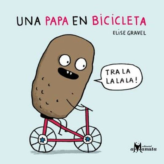 Ilustración de papa en bicicleta roja y blanca, estilo caricatura