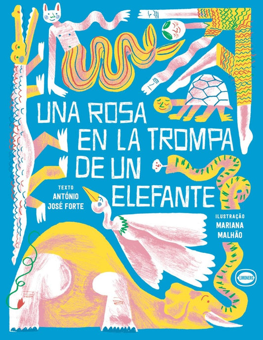 Portada de libro infantil con elefante y rosa, colores vivos y tipografía grande