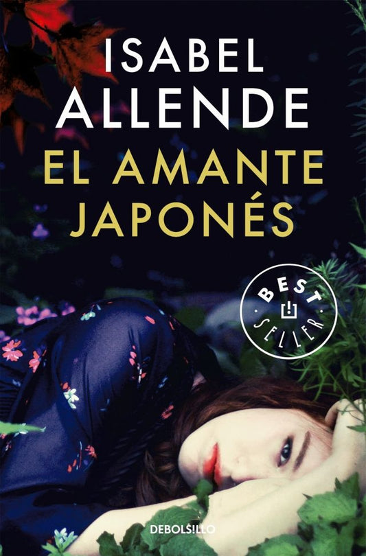 Libro El amante japonés, portada con rostro femenino y flores; Isabel Allende