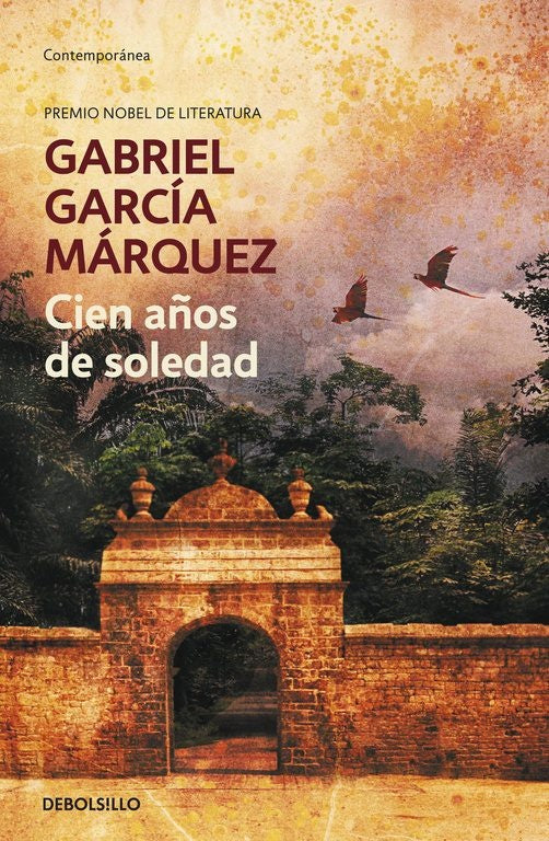 Libro Cien años de soledad, portada con autor Gabriel García Márquez y mural medieval.