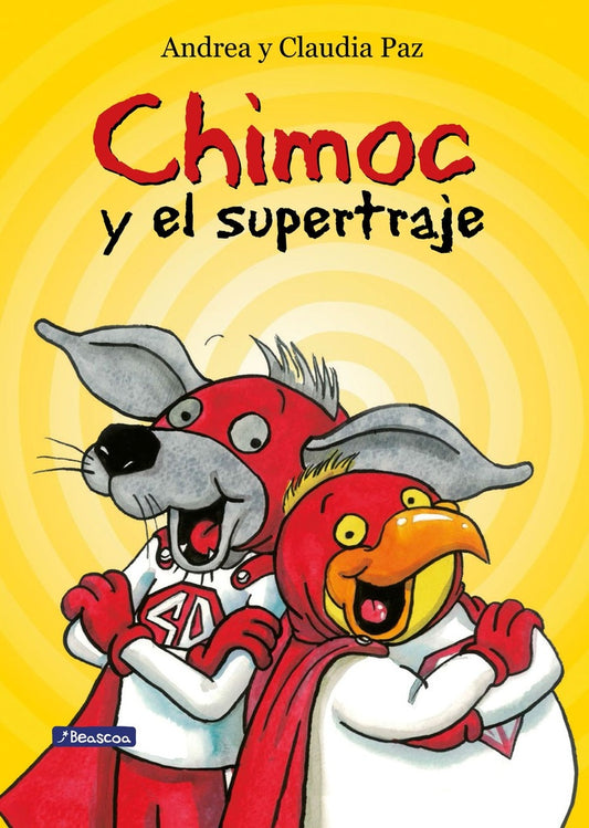 Portada de libro infantil CHIMOC y el supertraje, con personajes rojos y grises.