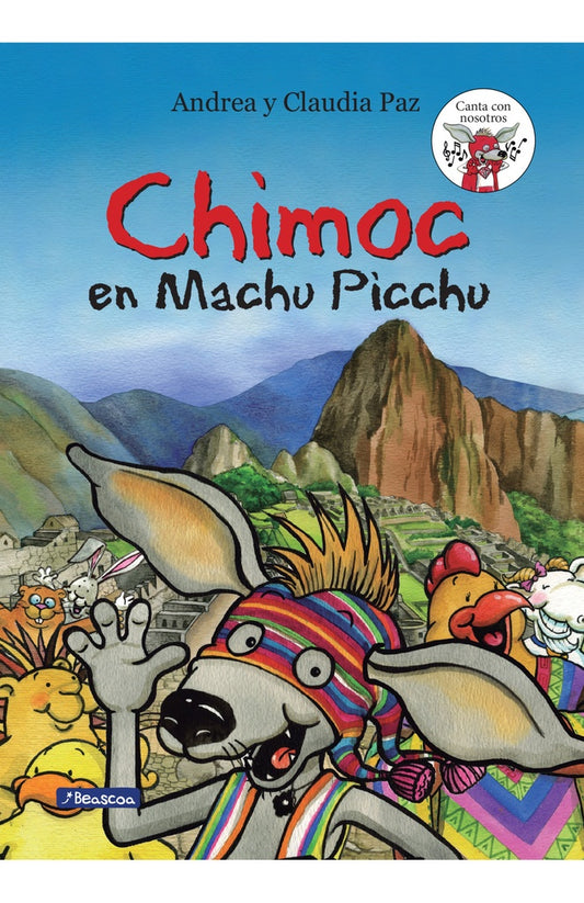 Libro ilustrado CHIMOC en Machu Pichu con portada de animales y arcoíris.