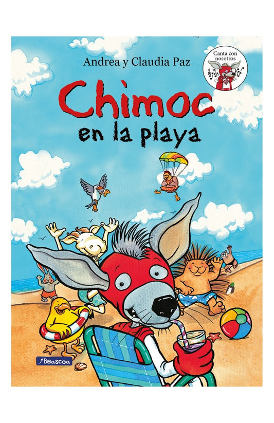 Portada de cuento infantil con CHIMOC en la playa y personaje azul y rojo