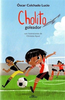 Portada de libro infantil con niños jugando fútbol, ilustración colorida, fondo verde