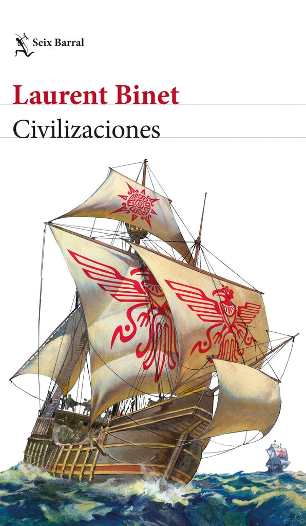 Libro con cubierta de barco de vela y banderas rojas