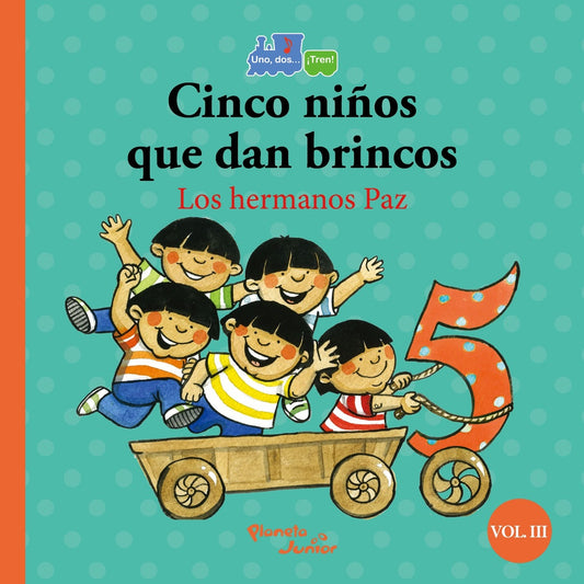 Portada de libro infantil con cinco niños saltando en un carrito y número 5