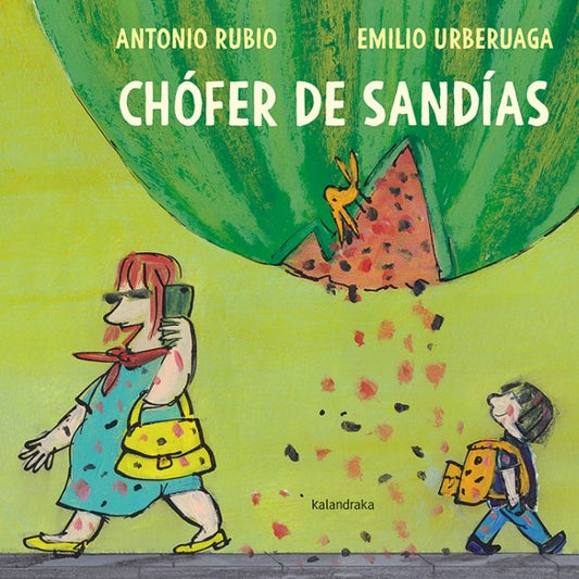 Ilustración de chofer de sandías con furgón y personajes alrededor