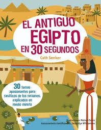 Libro con portada de “El Antiguo Egipto en 30 segundos” e ilustración de un faraón