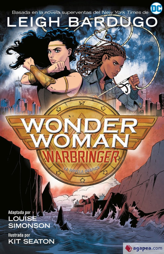 Portada de libro Wonder Woman Warbringer, ilustración de Wonder Woman con lazo.