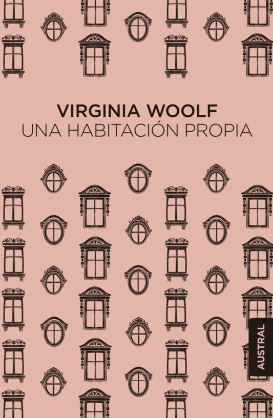 Portada de libro con patrón de ventanas y texto “Virginia Woolf” y “Una habitación propia”.
