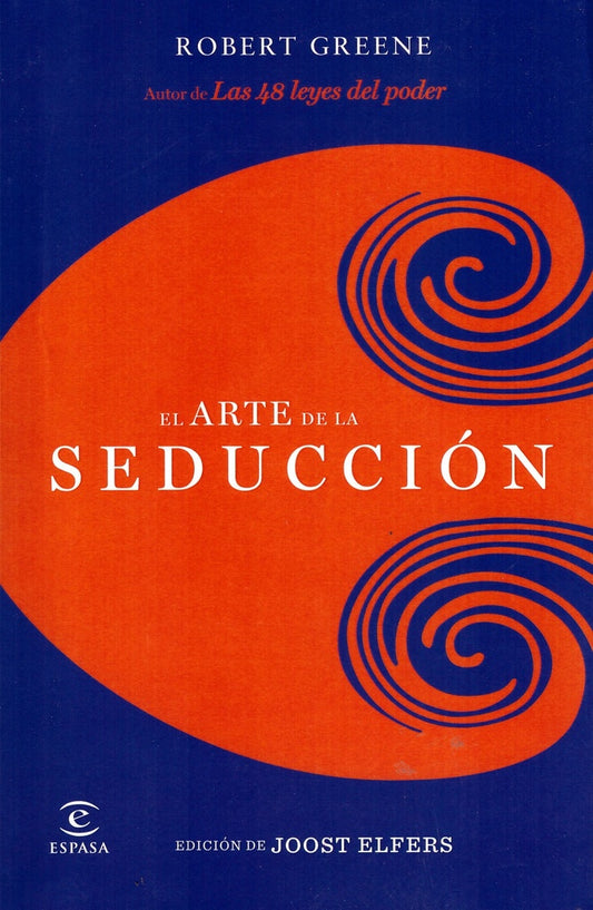 Portada de libro “El arte de la seducción” con óvalo naranja y espirales azules