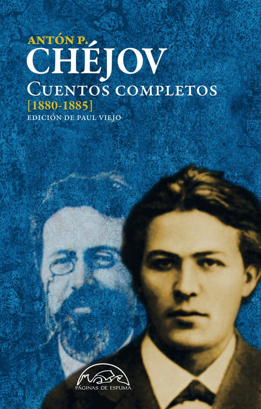 Libro de cuentos completos de Chéjov [1880-1885], portada azul con retratos.