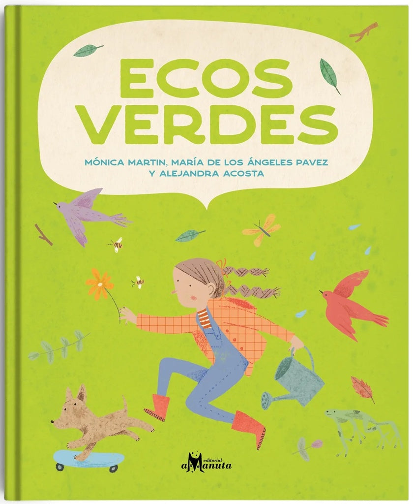 Libro Ecos Verdes: portada verde con niña, skate, aves y hojas