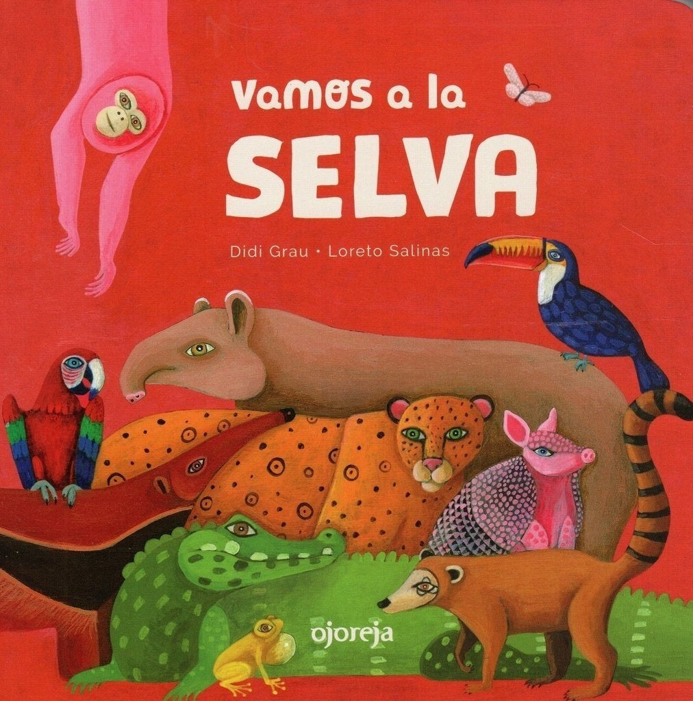 Libro infantil de tapa con selva y animales; título 'Vamos a la SELVA'